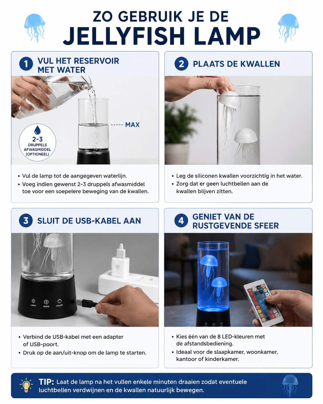 Jellyfish Lamp LED Kwallenlamp met Afstandsbediening – 8 Kleuren RGB – Rustgevende Nachtlamp voor Slaapkamer, Woonkamer & Kinderkamer