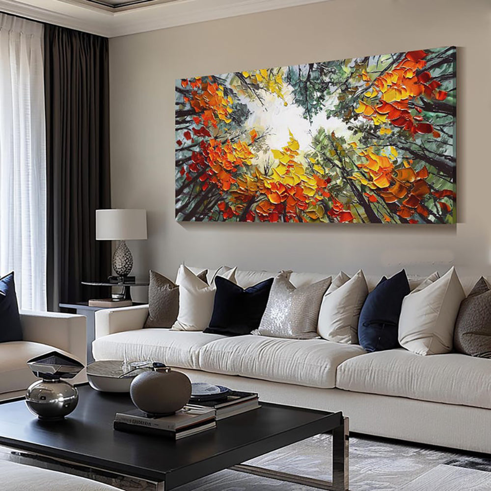 Handgeschilderd Olieverfschilderij β Modern Oranje Boslandschap op Canvas