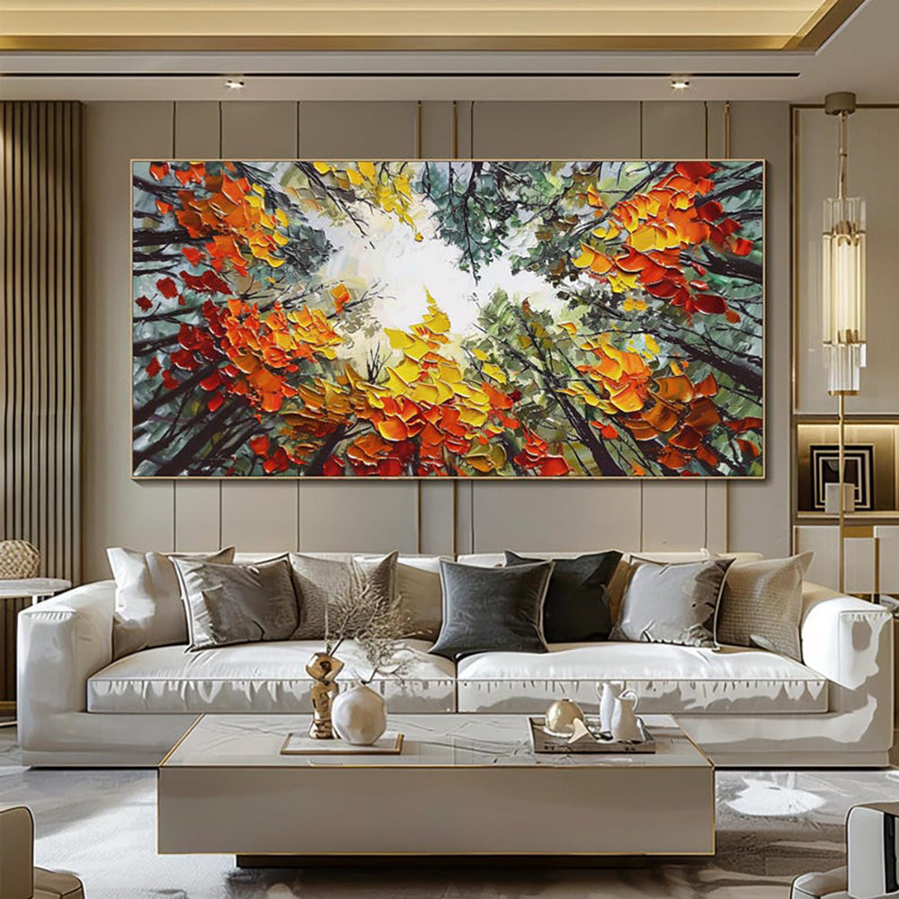 Handgeschilderd Olieverfschilderij – Modern Oranje Boslandschap op Canvas