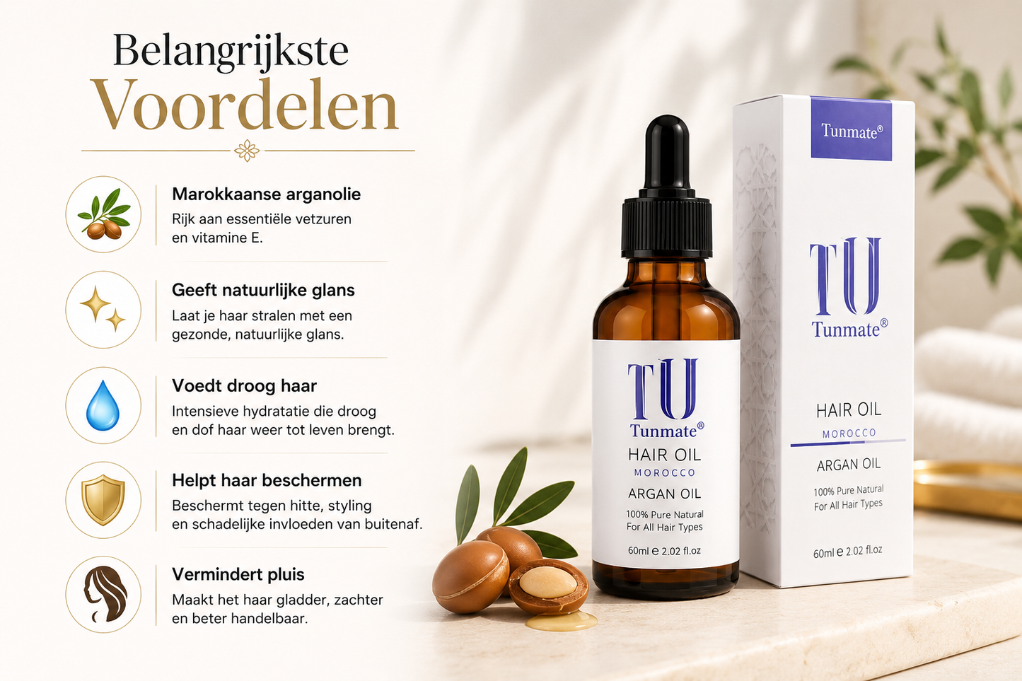 Marokkaanse Argan Haarolie – Voedende Haarolie voor Glanzend, Zacht en Gezond Haar