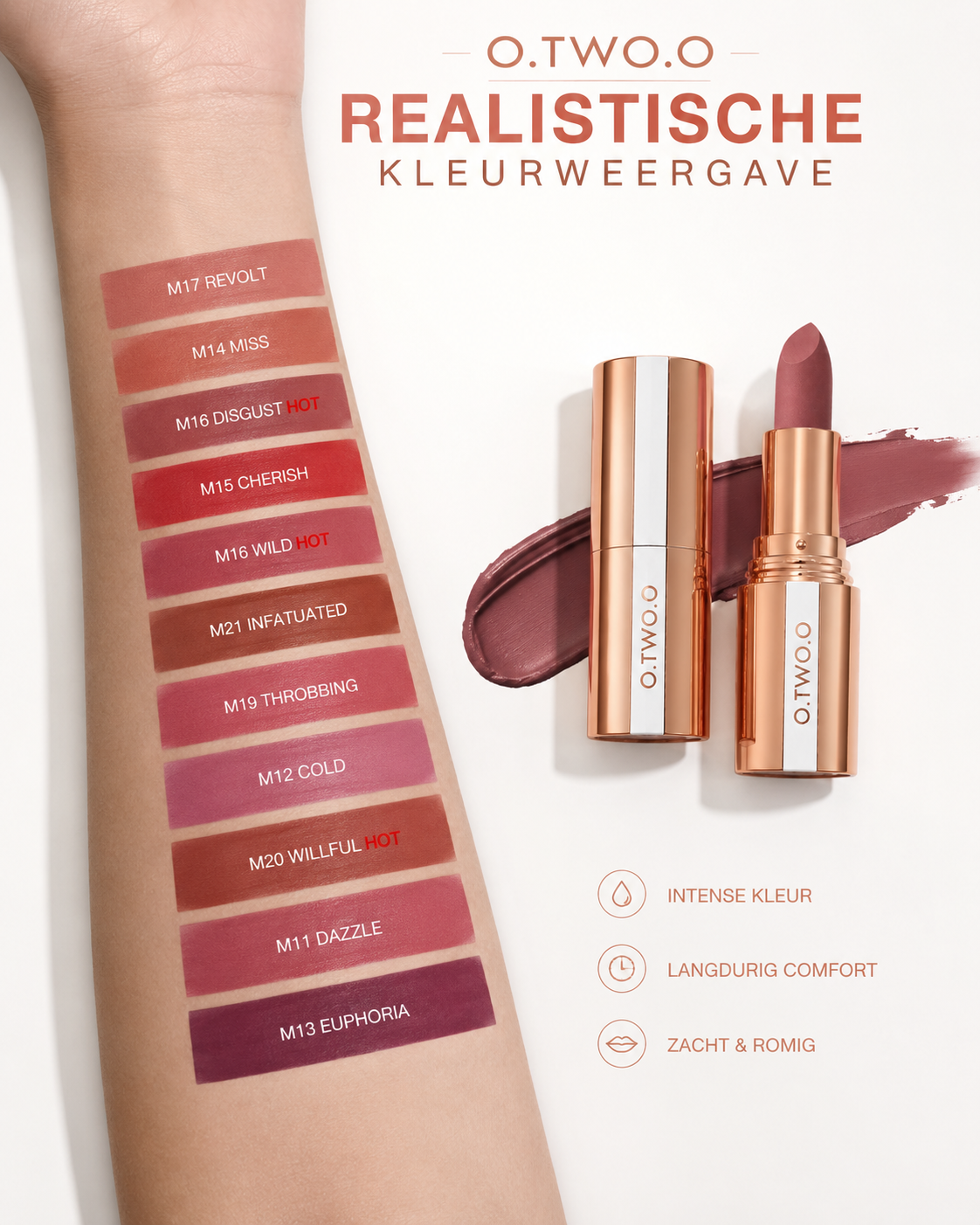 O.TWO.O Velvet Matte Lipstick – Waterproof, Langhoudend & Intens Gepigmenteerd