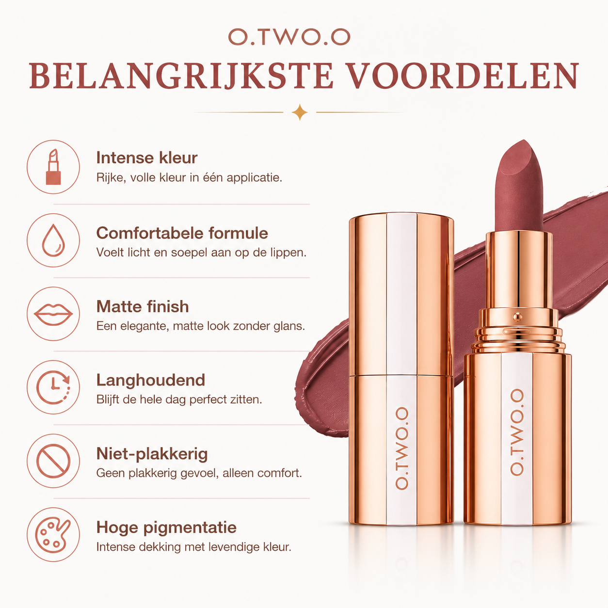 O.TWO.O Velvet Matte Lipstick – Waterproof, Langhoudend & Intens Gepigmenteerd