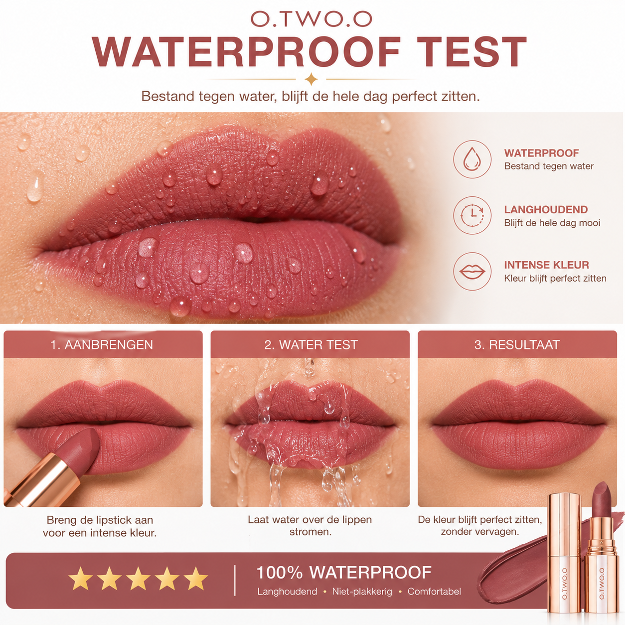 O.TWO.O Velvet Matte Lipstick – Waterproof, Langhoudend & Intens Gepigmenteerd