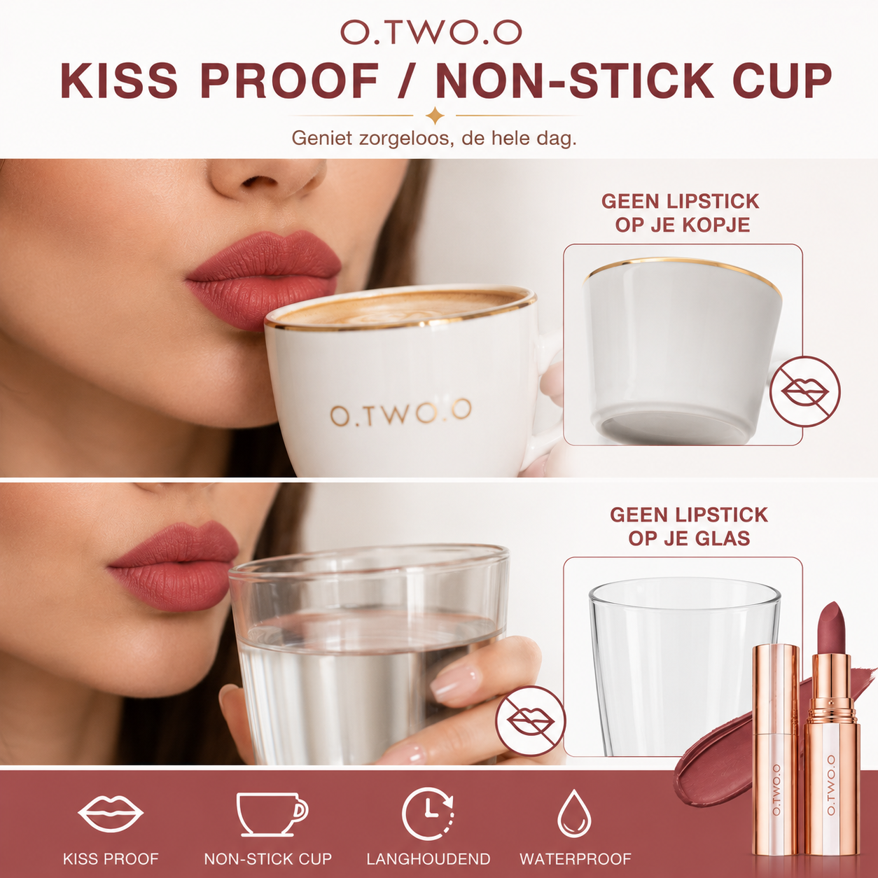 O.TWO.O Velvet Matte Lipstick – Waterproof, Langhoudend & Intens Gepigmenteerd