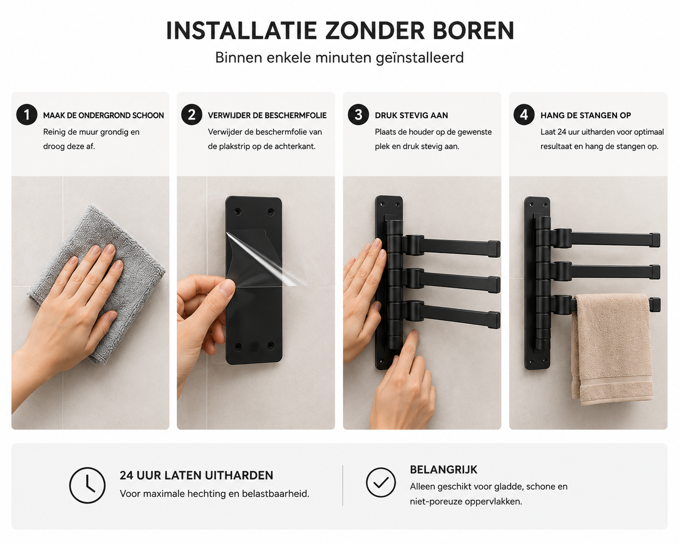 Zelfklevend Aluminium Handdoekrek zonder Boren – Meervoudige Handdoekhouder voor Badkamer – Roestvrij Wandrek