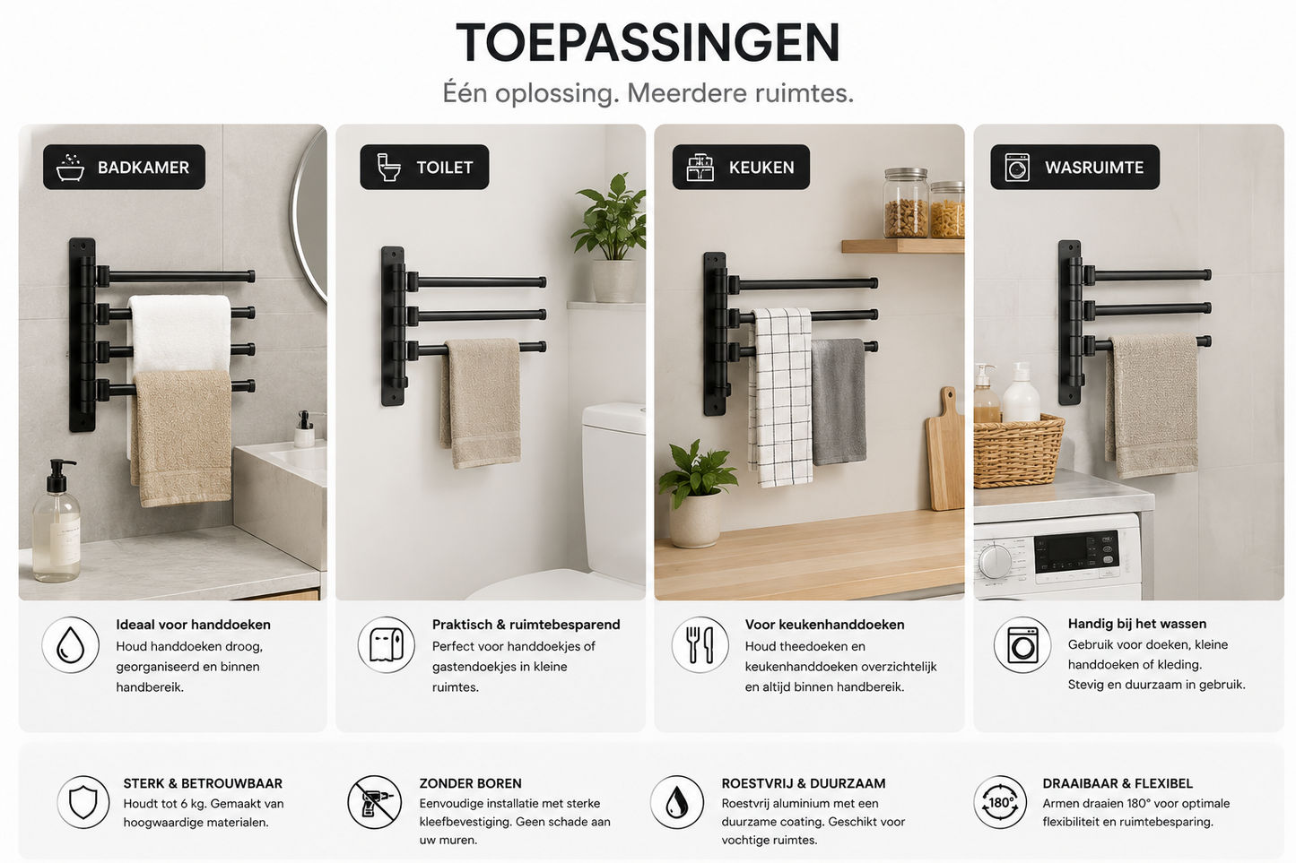 Zelfklevend Aluminium Handdoekrek zonder Boren – Meervoudige Handdoekhouder voor Badkamer – Roestvrij Wandrek
