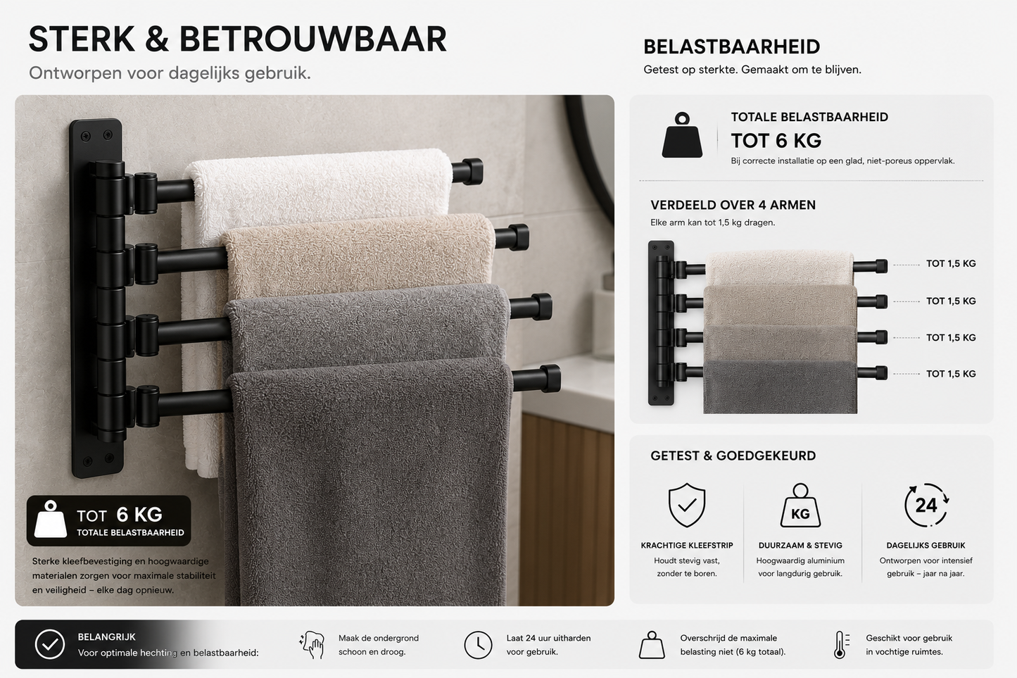 Zelfklevend Aluminium Handdoekrek zonder Boren – Meervoudige Handdoekhouder voor Badkamer – Roestvrij Wandrek