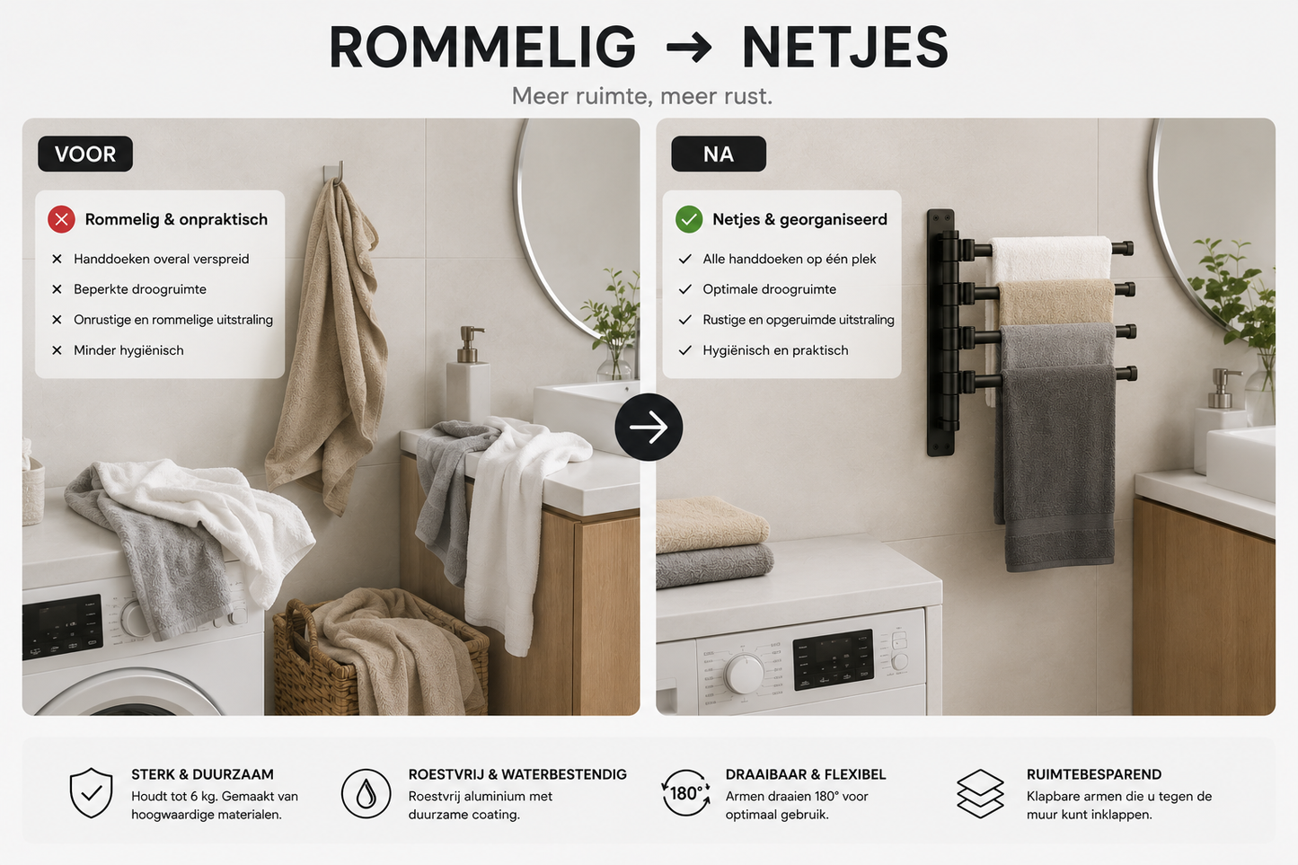 Zelfklevend Aluminium Handdoekrek zonder Boren – Meervoudige Handdoekhouder voor Badkamer – Roestvrij Wandrek