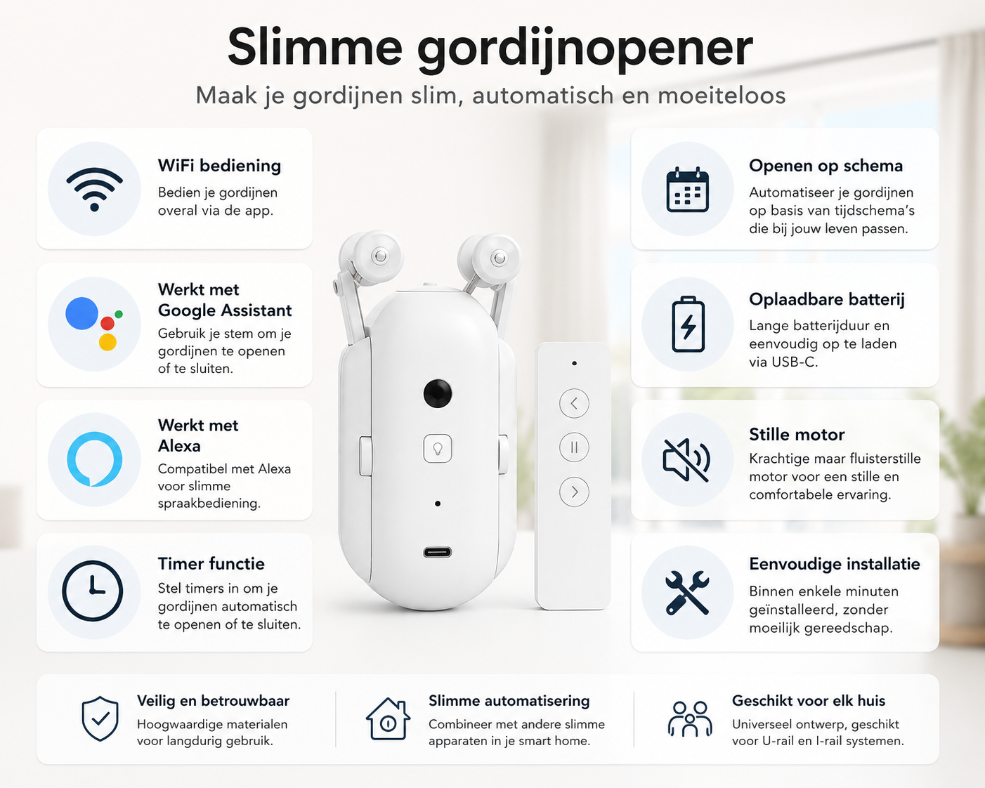 Slimme Gordijnopener met WiFi – Automatische Gordijnmotor voor U- & I-Rail – App, Afstandsbediening, Alexa & Google Assistant