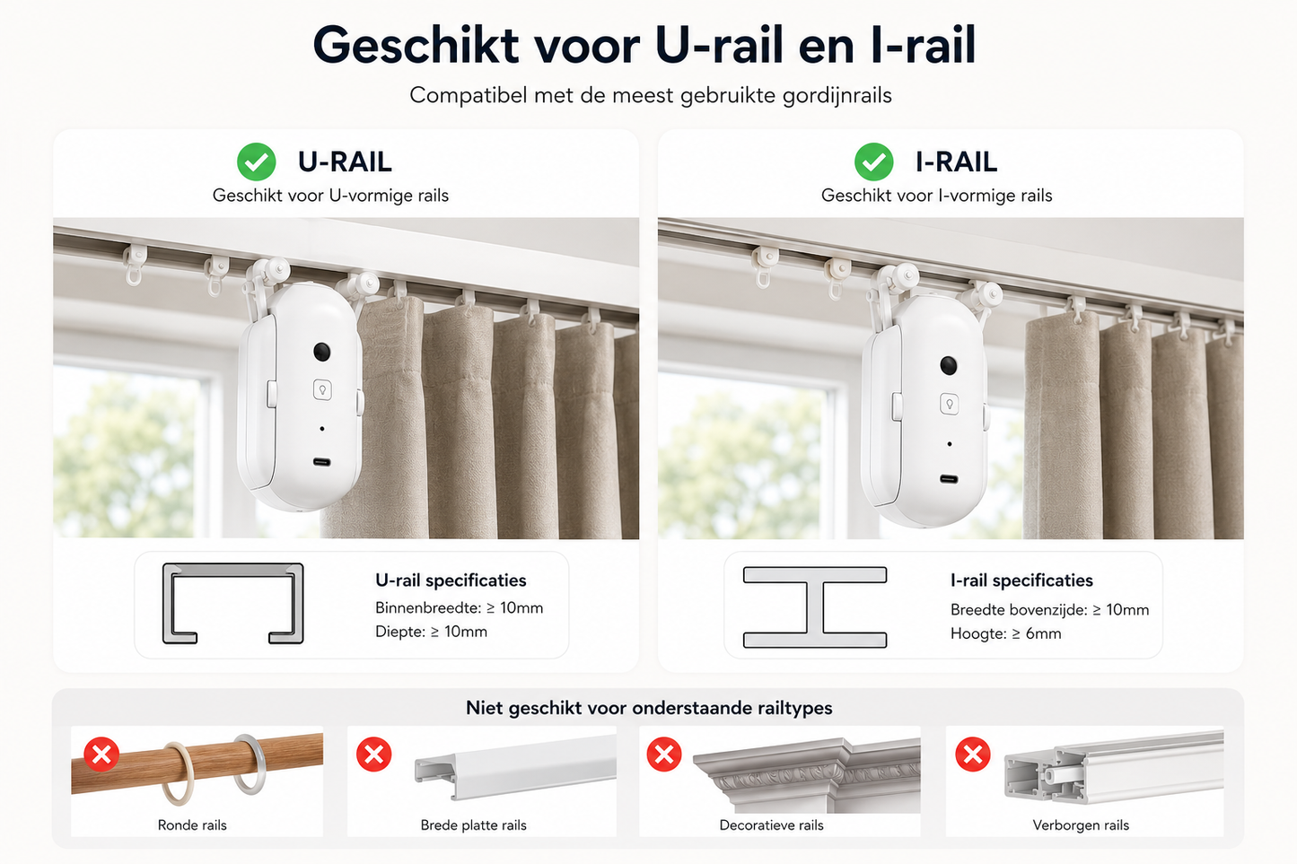 Slimme Gordijnopener met WiFi – Automatische Gordijnmotor voor U- & I-Rail – App, Afstandsbediening, Alexa & Google Assistant