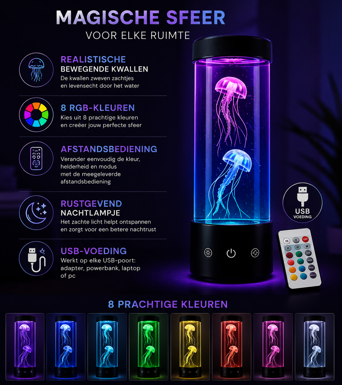 Jellyfish Lamp LED Kwallenlamp met Afstandsbediening – 8 Kleuren RGB – Rustgevende Nachtlamp voor Slaapkamer, Woonkamer & Kinderkamer