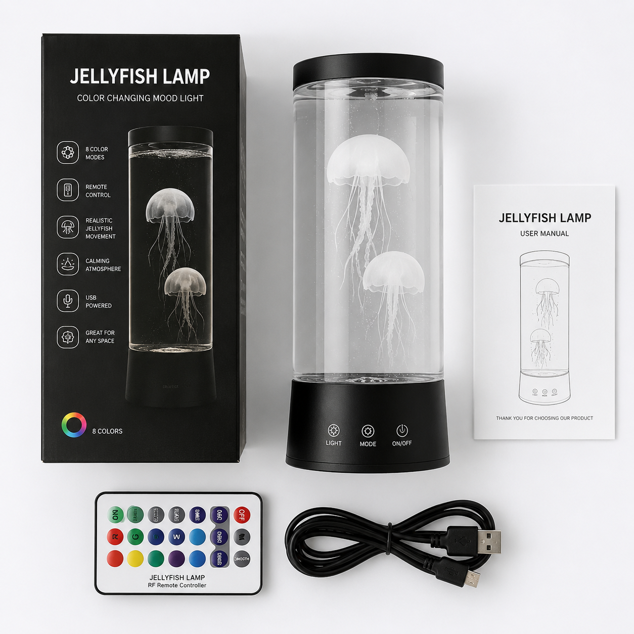 Jellyfish Lamp LED Kwallenlamp met Afstandsbediening – 8 Kleuren RGB – Rustgevende Nachtlamp voor Slaapkamer, Woonkamer & Kinderkamer