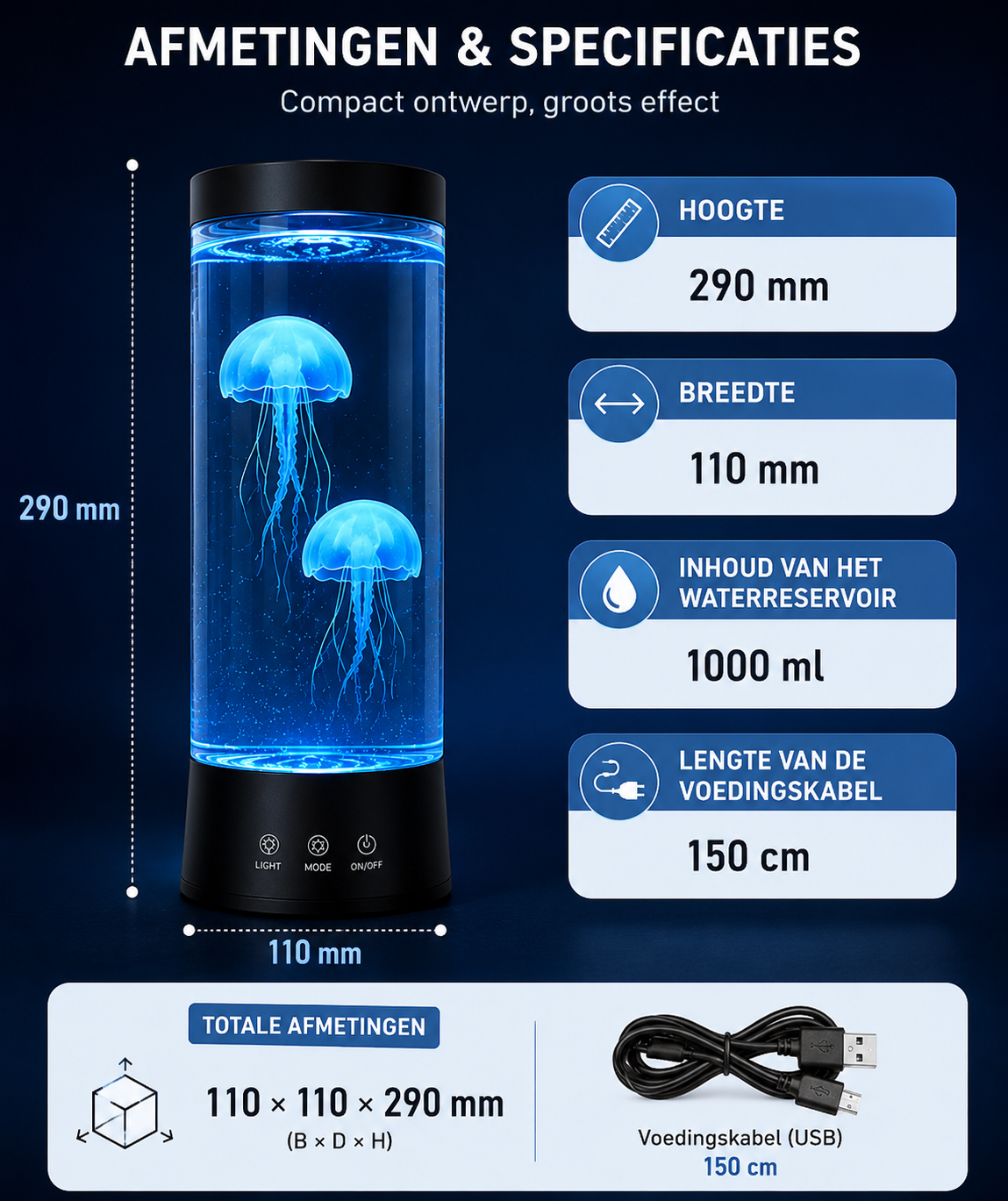Jellyfish Lamp LED Kwallenlamp met Afstandsbediening – 8 Kleuren RGB – Rustgevende Nachtlamp voor Slaapkamer, Woonkamer & Kinderkamer