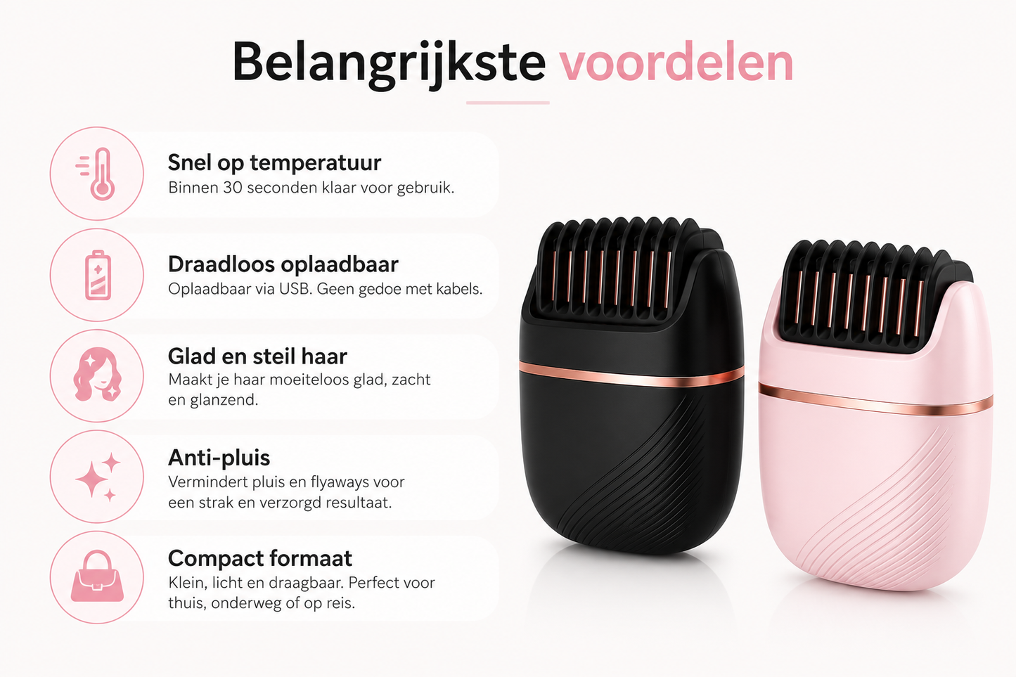 Draadloze Mini-Stijltang met Kam – Compacte Haarstyler voor Glad en Pluisvrij Haar