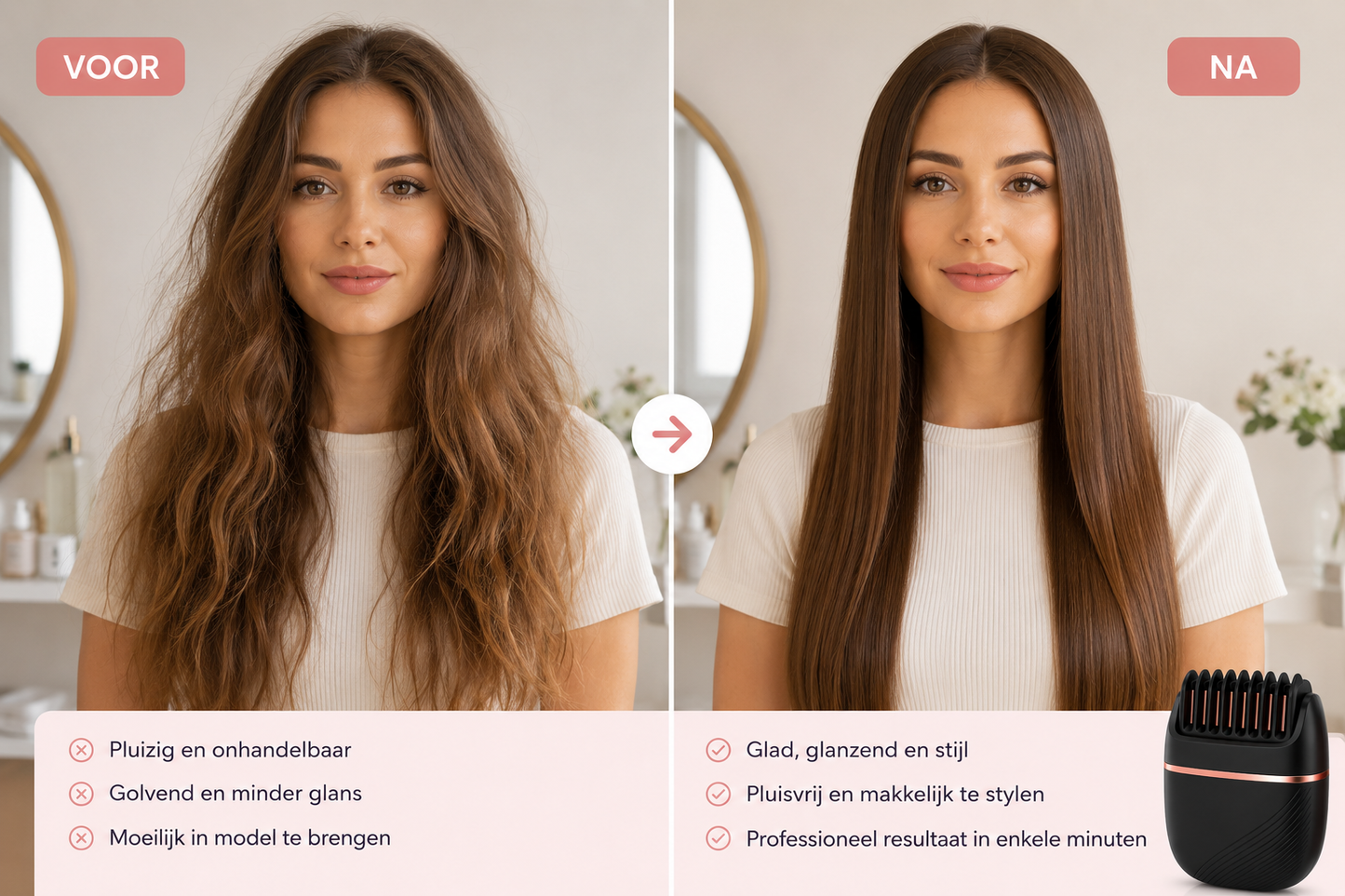 Draadloze Mini-Stijltang met Kam – Compacte Haarstyler voor Glad en Pluisvrij Haar