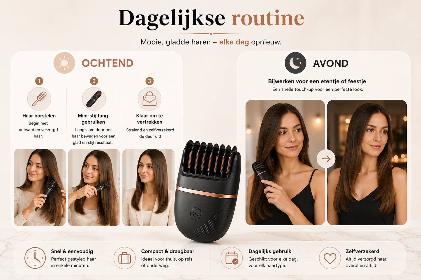 Draadloze Mini-Stijltang met Kam – Compacte Haarstyler voor Glad en Pluisvrij Haar