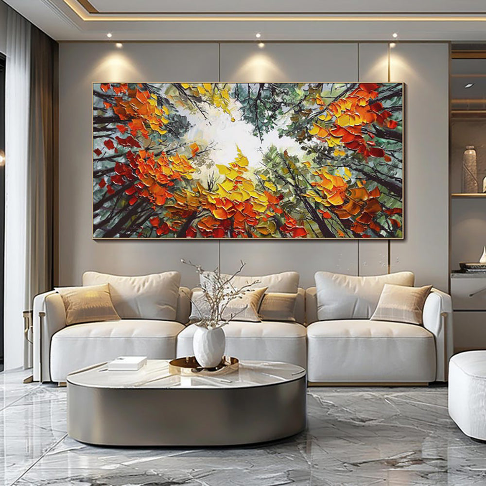 Handgeschilderd Olieverfschilderij – Modern Oranje Boslandschap op Canvas
