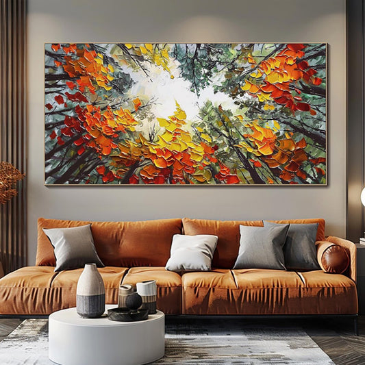 Handgeschilderd Olieverfschilderij – Modern Oranje Boslandschap op Canvas