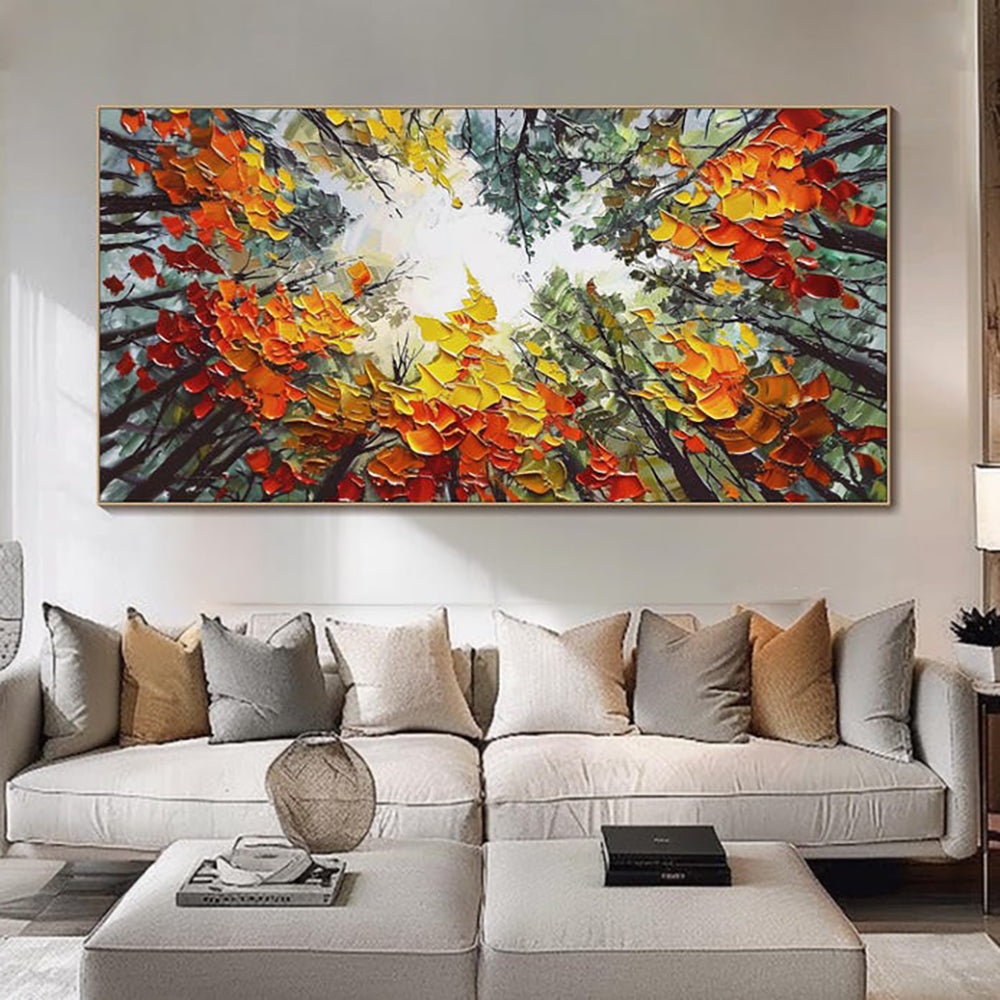 Handgeschilderd Olieverfschilderij – Modern Oranje Boslandschap op Canvas