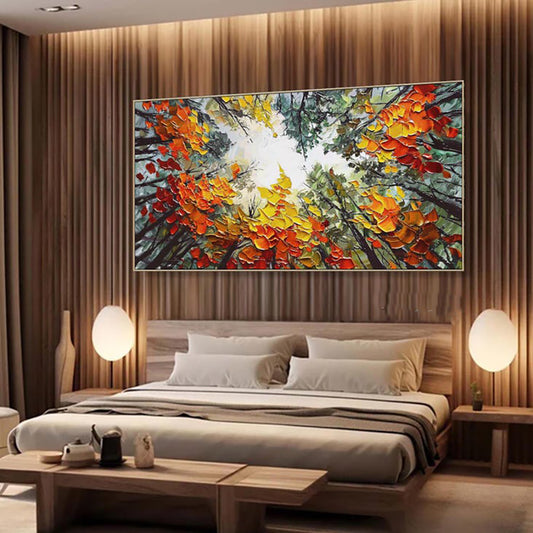 Handgeschilderd Olieverfschilderij – Modern Oranje Boslandschap op Canvas